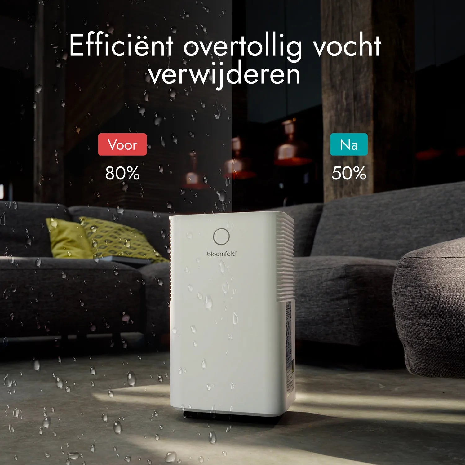 Ein weißer Luftentfeuchter in einem Wohnzimmer mit dem Text Vor 80% und Na 50% und Wassertropfen.