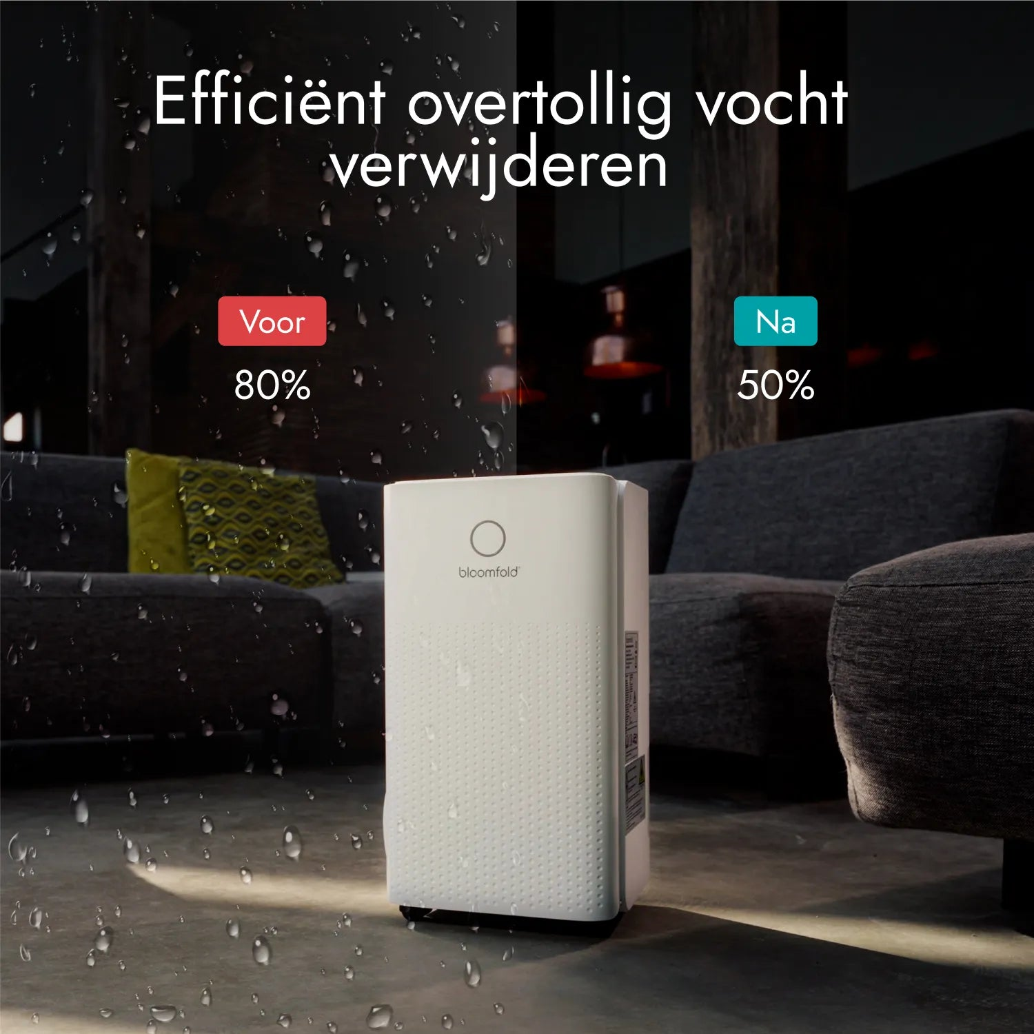 Ein weißer Luftentfeuchter in einem Wohnzimmer mit Textvergleich vor und nach der Reduzierung.