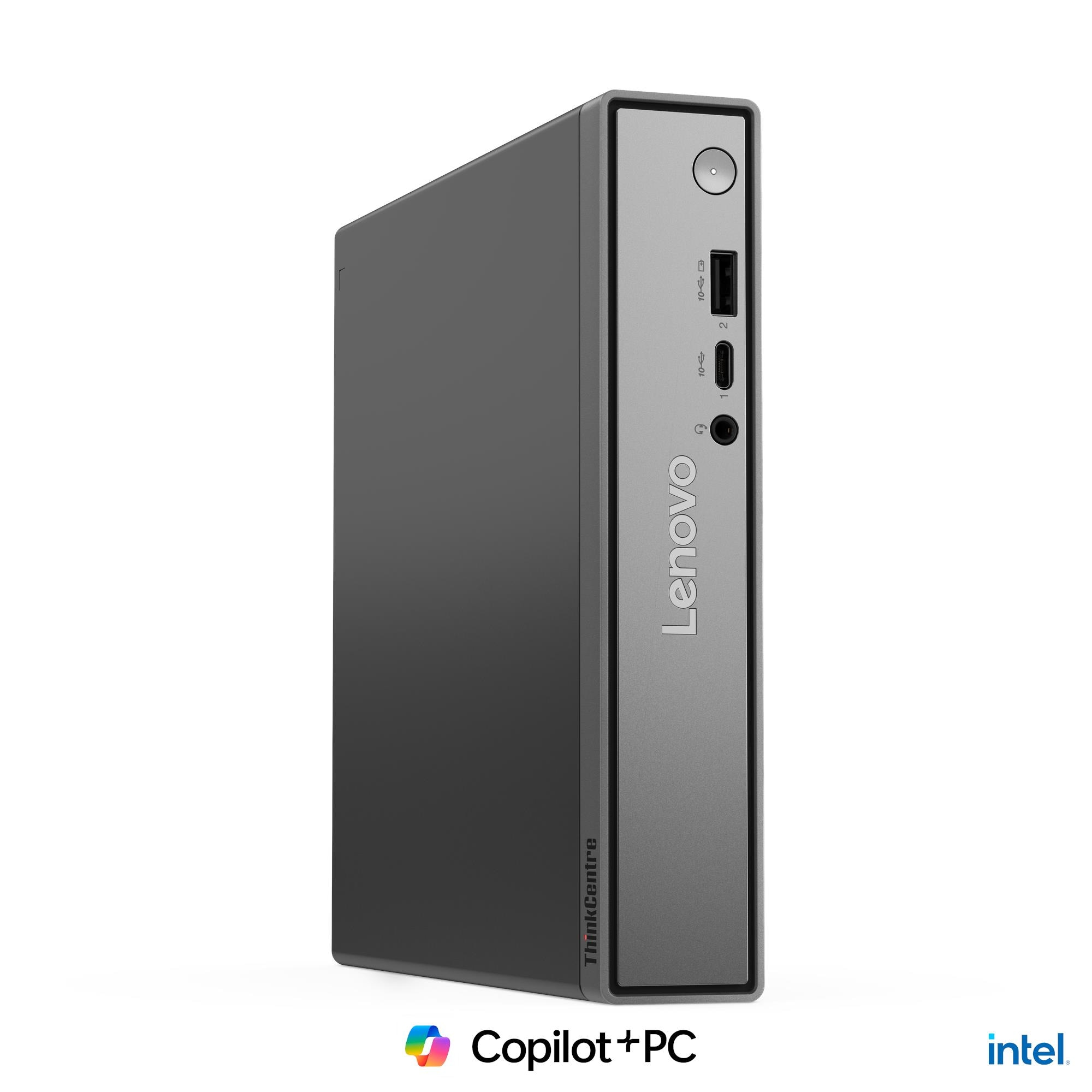 Un mini PC Lenovo ThinkCentre grigio su sfondo bianco, con porte frontali e logo.