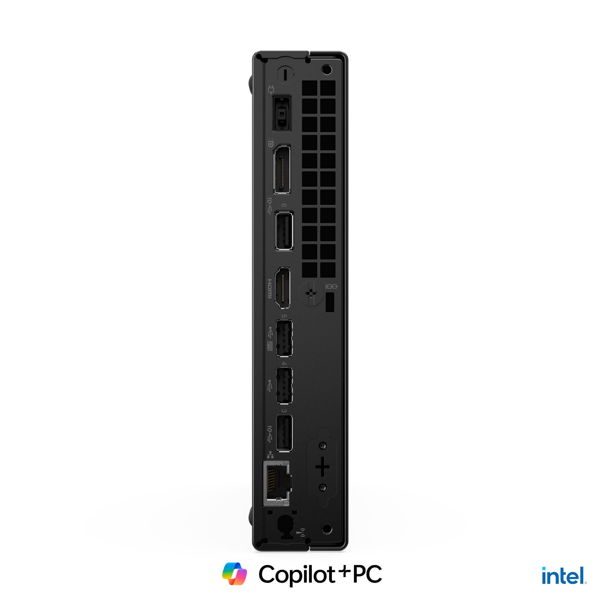 Vista posteriore di un mini PC nero con varie porte, griglie di aerazione e logo Intel in basso a destra.