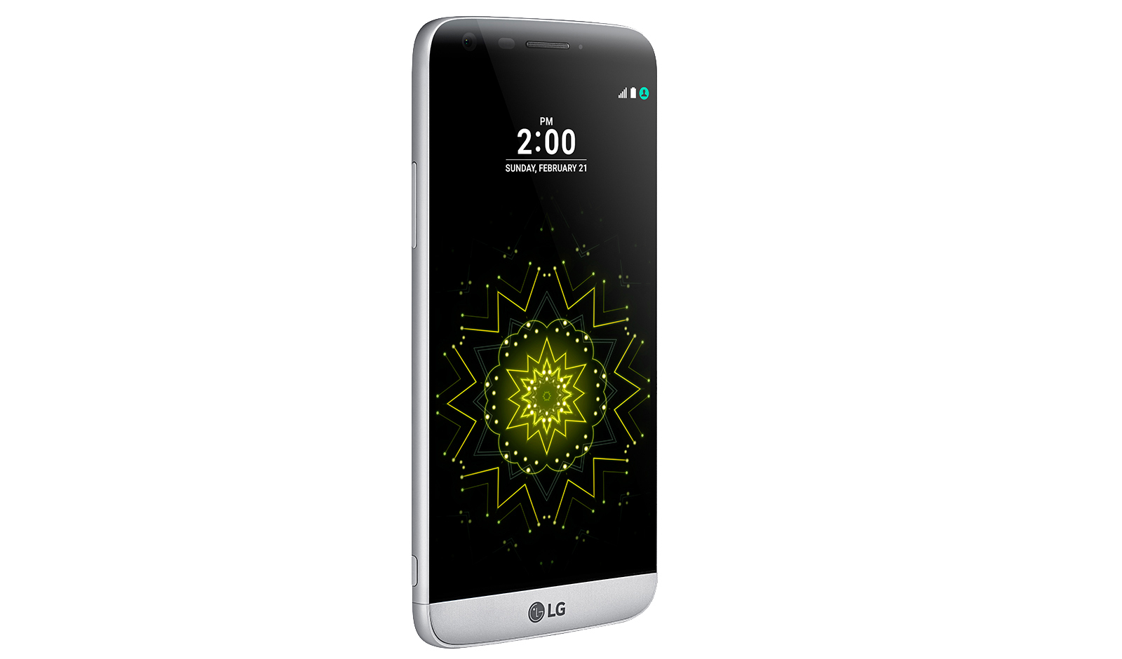 Ein silbernes LG-Smartphone mit schwarzem Bildschirm und gelbem Muster gegen weißen Hintergrund.