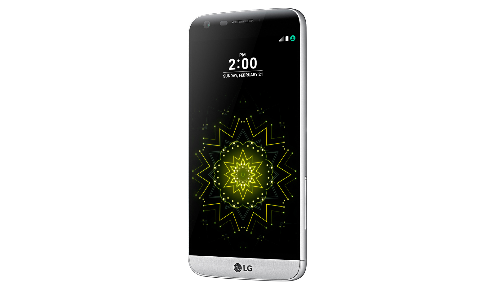 Silbernes LG-Smartphone mit hellem geometrischem Muster auf dem Bildschirm gegen weißen Hintergrund.