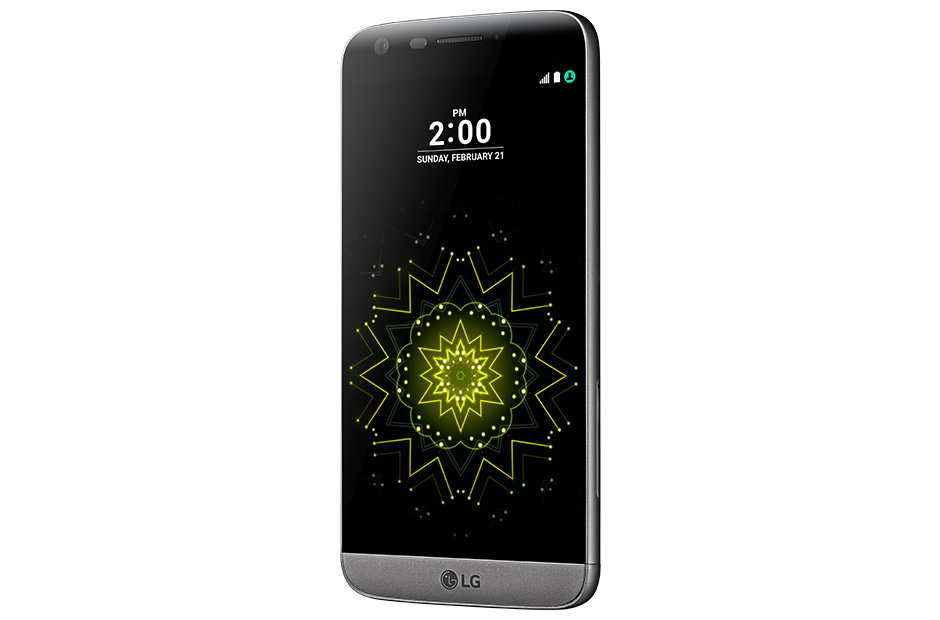 Uno smartphone LG argento con uno schermo nero che mostra un motivo mandala giallo e le ore 14:00.