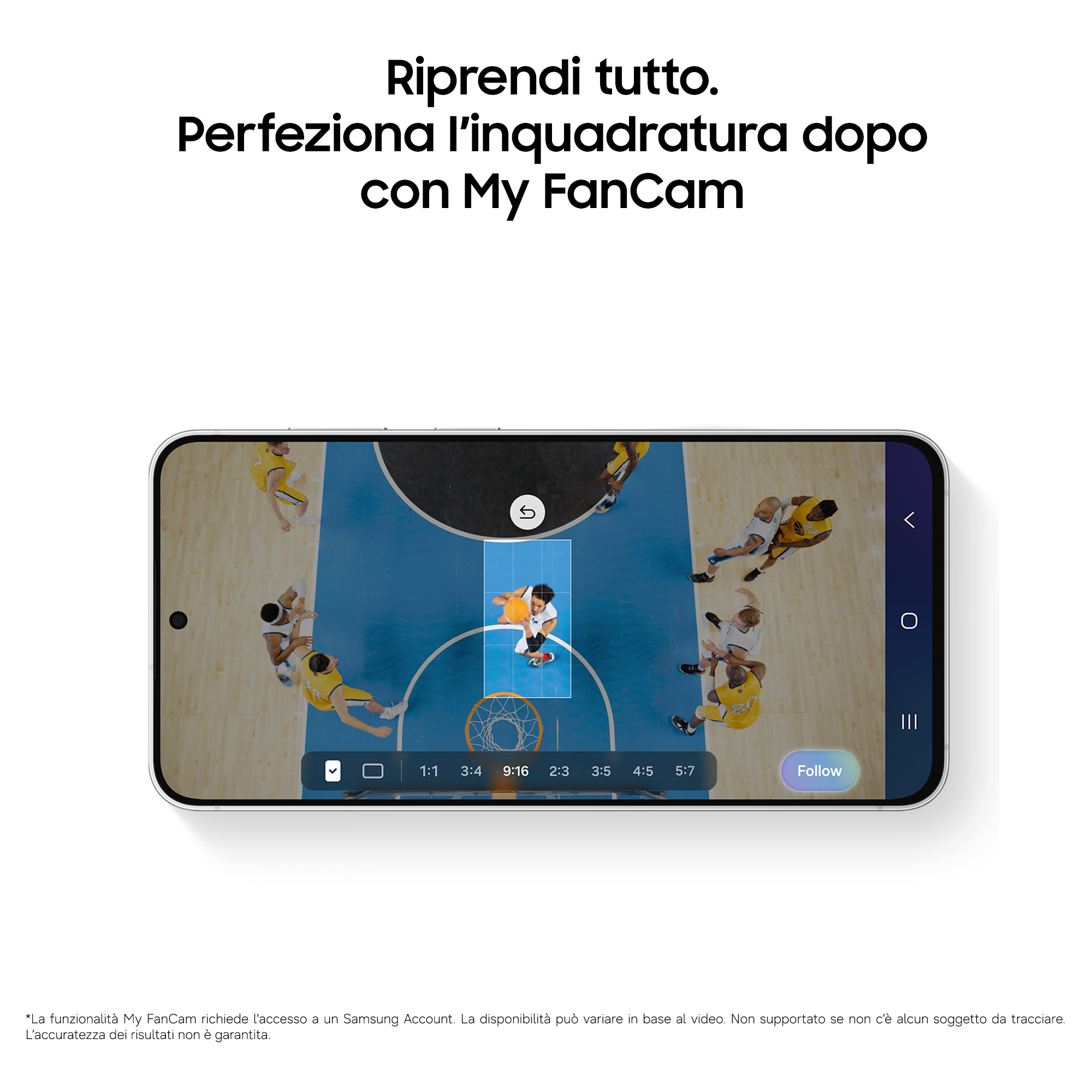 Smartphone-Bildschirm zeigt eine Basketballszene mit My FanCam Optionen.
