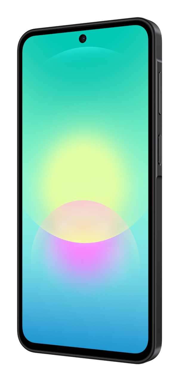 Uno smartphone nero mostra uno schermo luminoso e astratto con tonalità verdi, gialle e rosa.