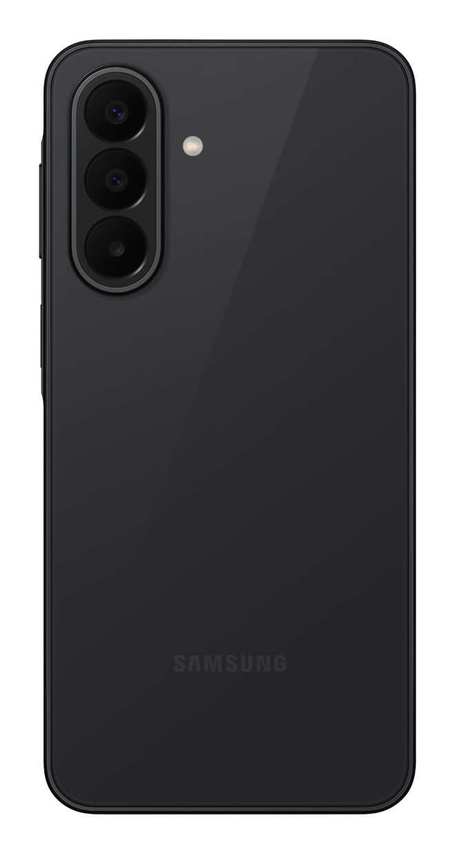 Il retro di uno smartphone Samsung nero con tre obiettivi fotografici allineati verticalmente e un flash.