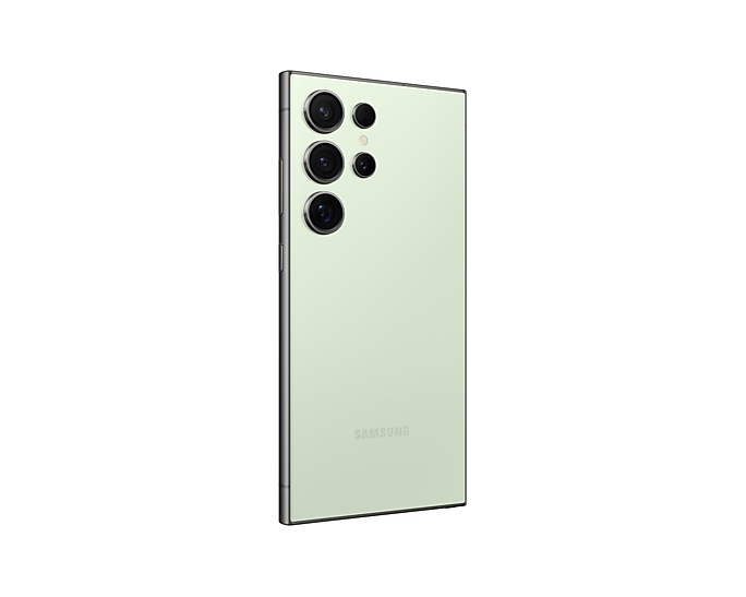 Parte trasera de un smartphone Samsung verde claro con múltiples lentes de cámara y el logo de Samsung.