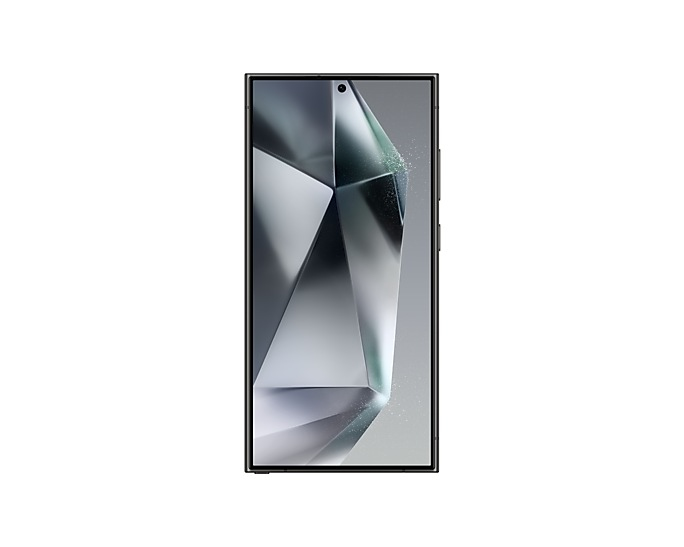 Un smartphone negro muestra un fondo geométrico abstracto plateado y verde con partículas.