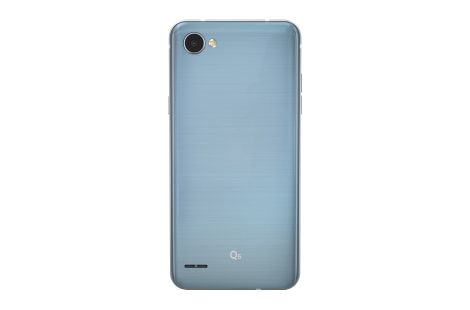 Retro di uno smartphone blu con fotocamera in alto a sinistra e logo Q6 in basso.