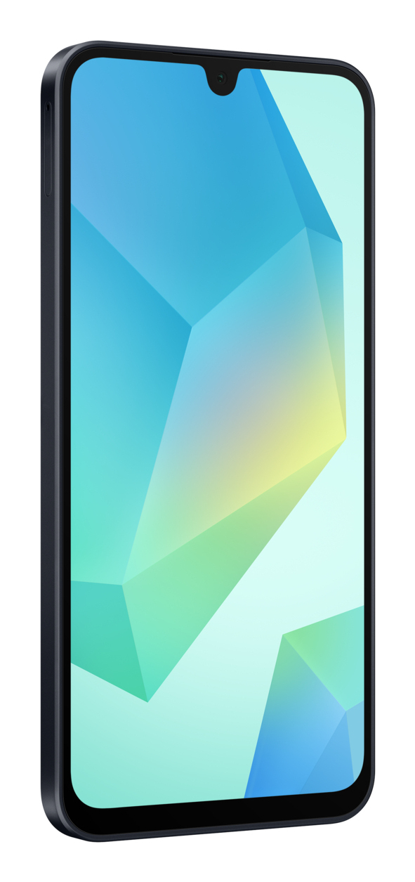 Un smartphone con marco oscuro muestra un fondo abstracto colorido con patrones geométricos azules y amarillos.