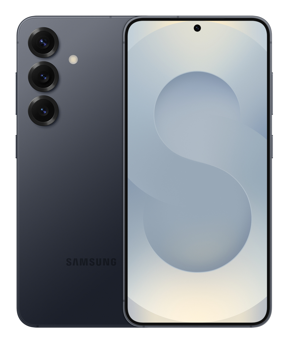 Dos smartphones Samsung gris oscuro, vista frontal y trasera, con tres cámaras traseras y pantalla clara.