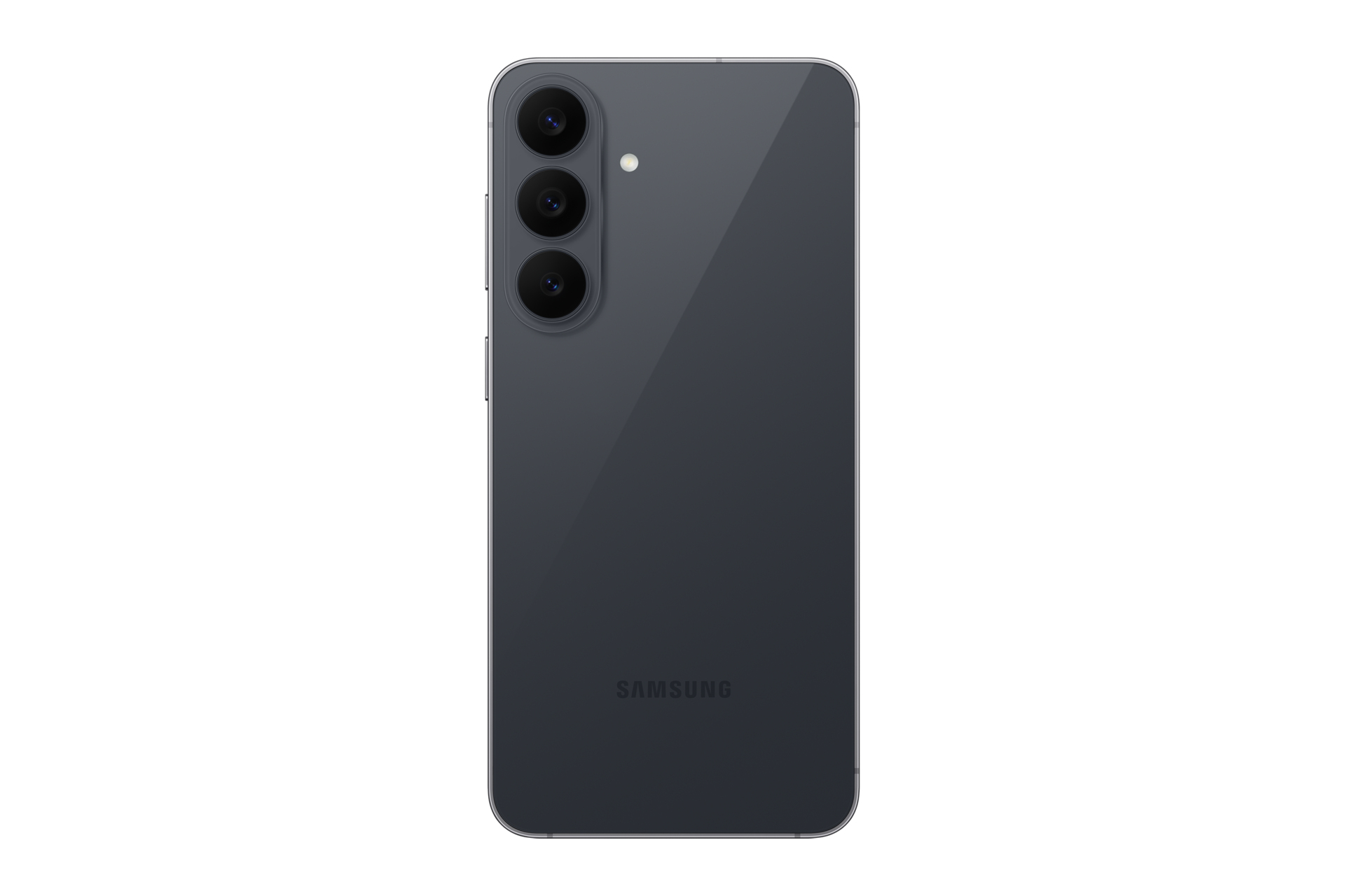 Tył szarego smartfona z trzema pionowymi aparatami i logo Samsung.