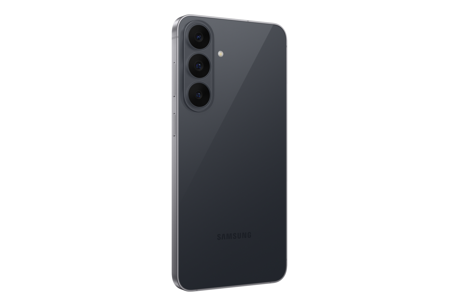 Tył szarego smartfona Samsung z trzema pionowymi aparatami na białym tle.