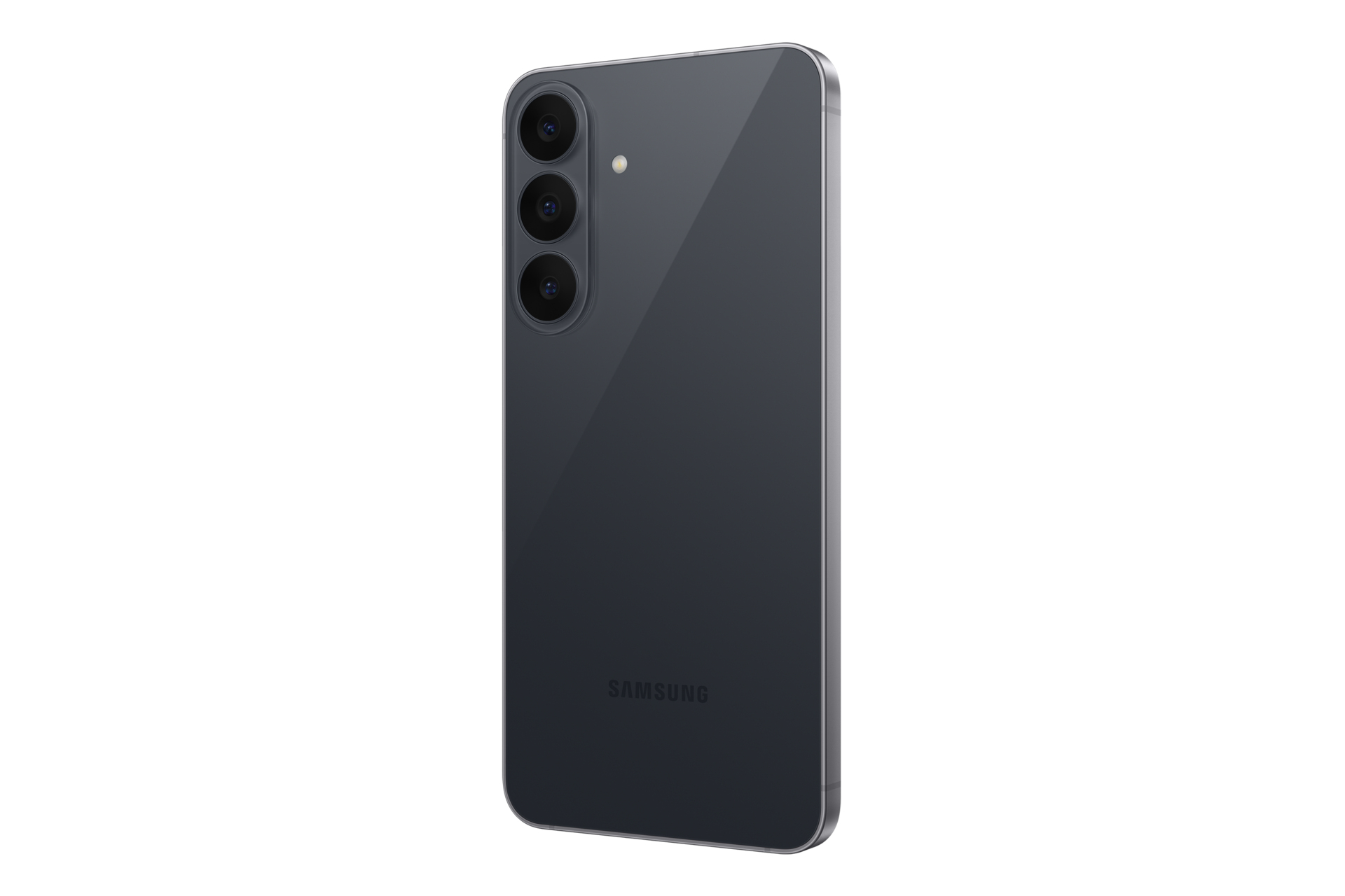 Tył ciemnego smartfona Samsung z trzema pionowymi aparatami i logo Samsung.