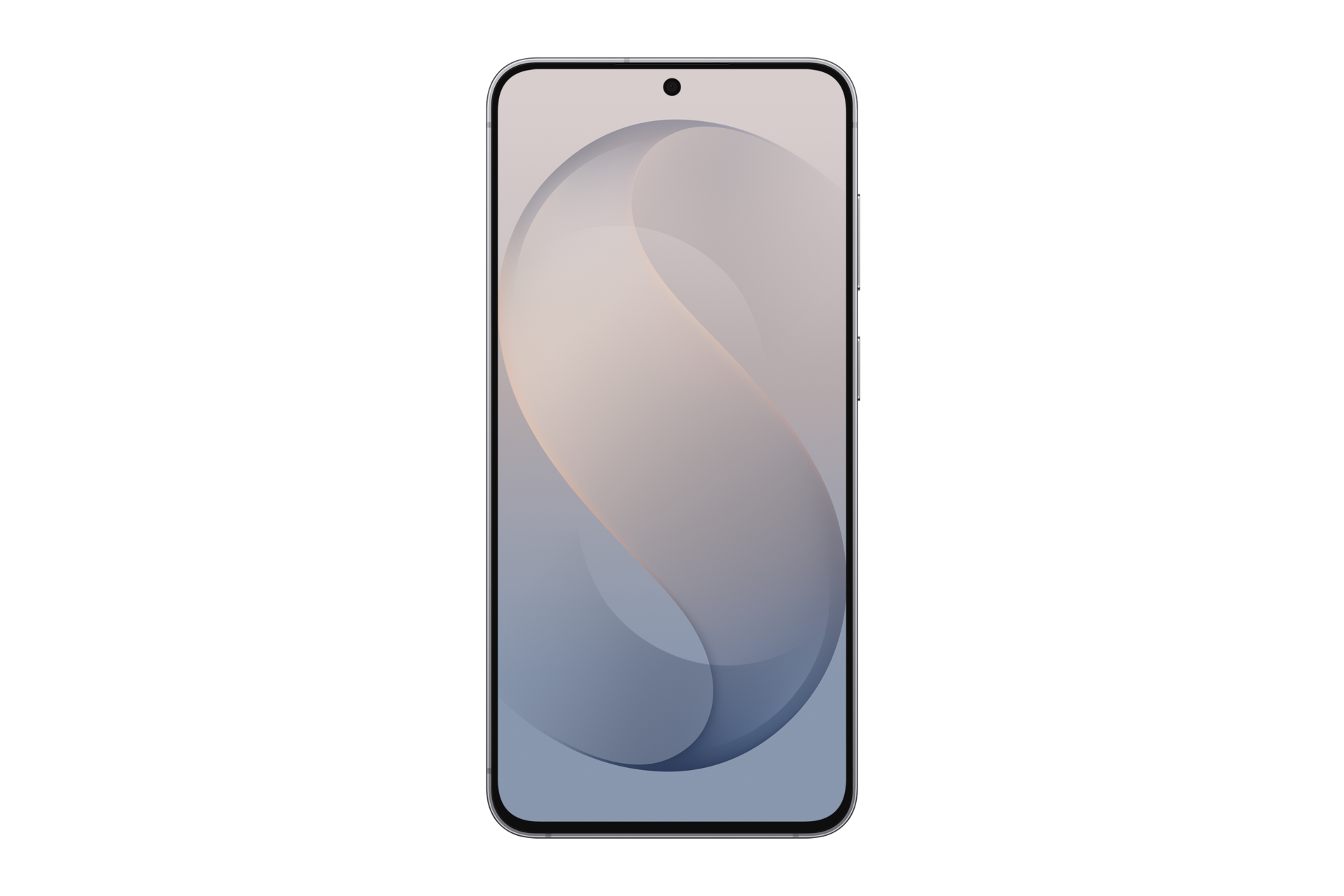 Smartfon wyświetlający na ekranie miękką, zakrzywioną, abstrakcyjną falę na białym tle.