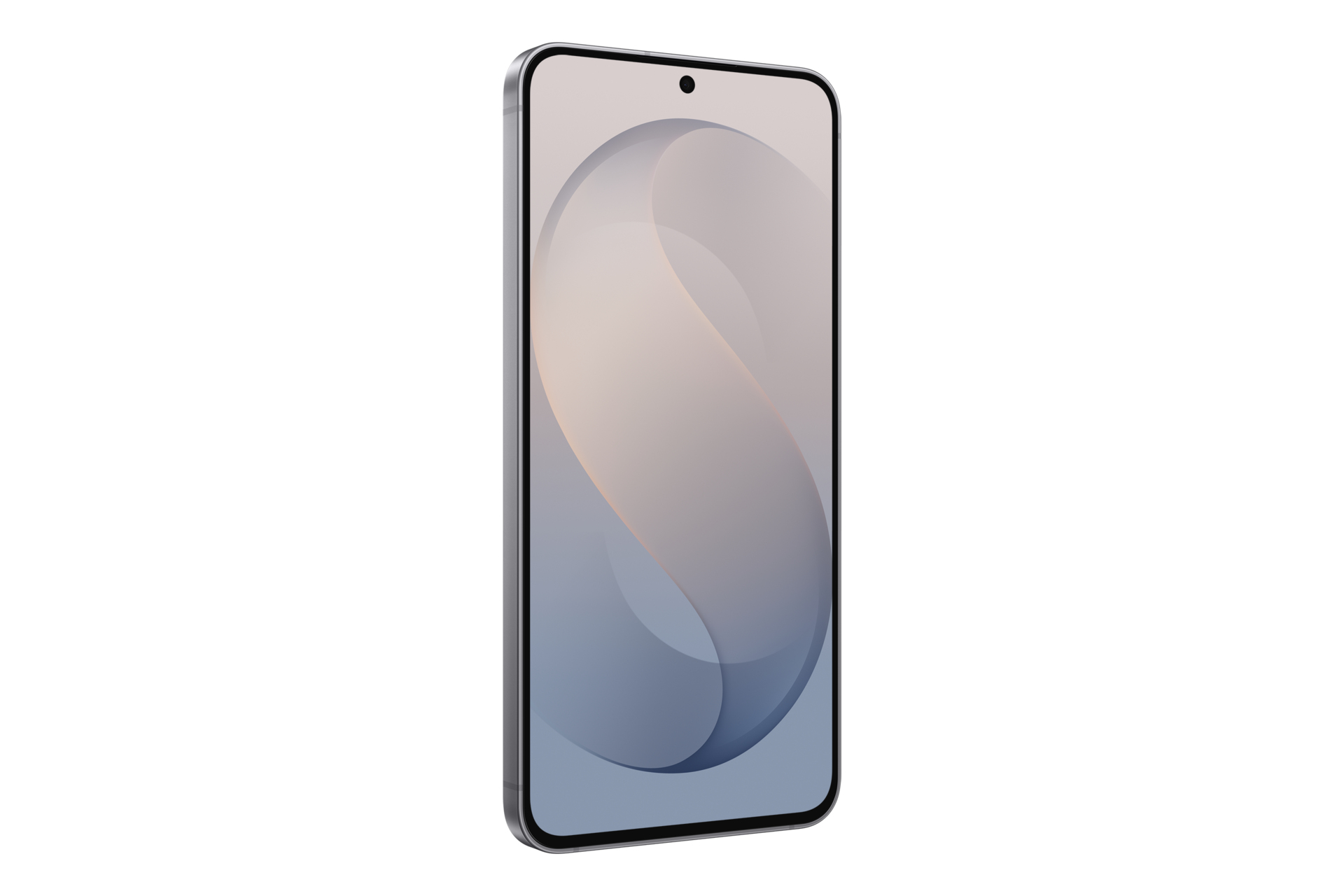 Smartfon w szarosebrzystej ramce z abstrakcyjnym, zakrzywionym tłem na ekranie.