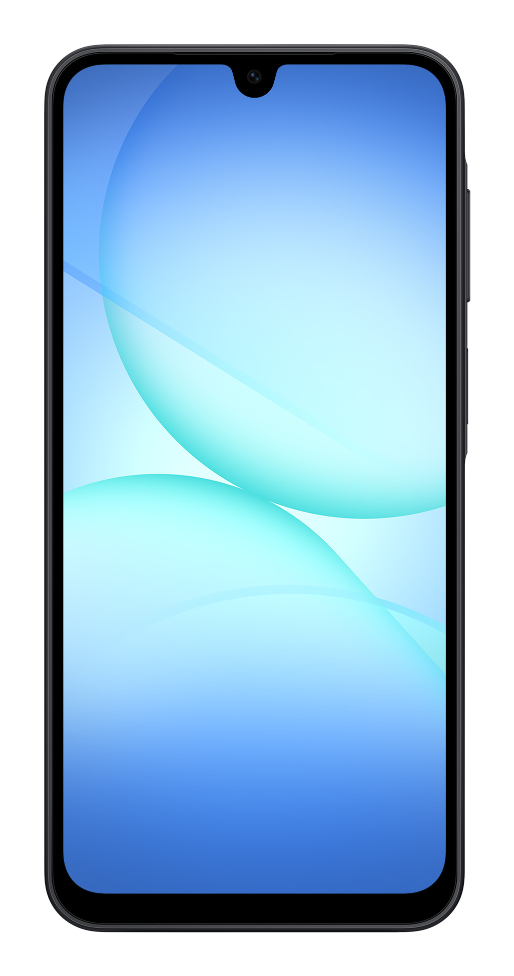 Uno smartphone nero con angoli arrotondati e notch a goccia mostra uno sfondo astratto azzurro.