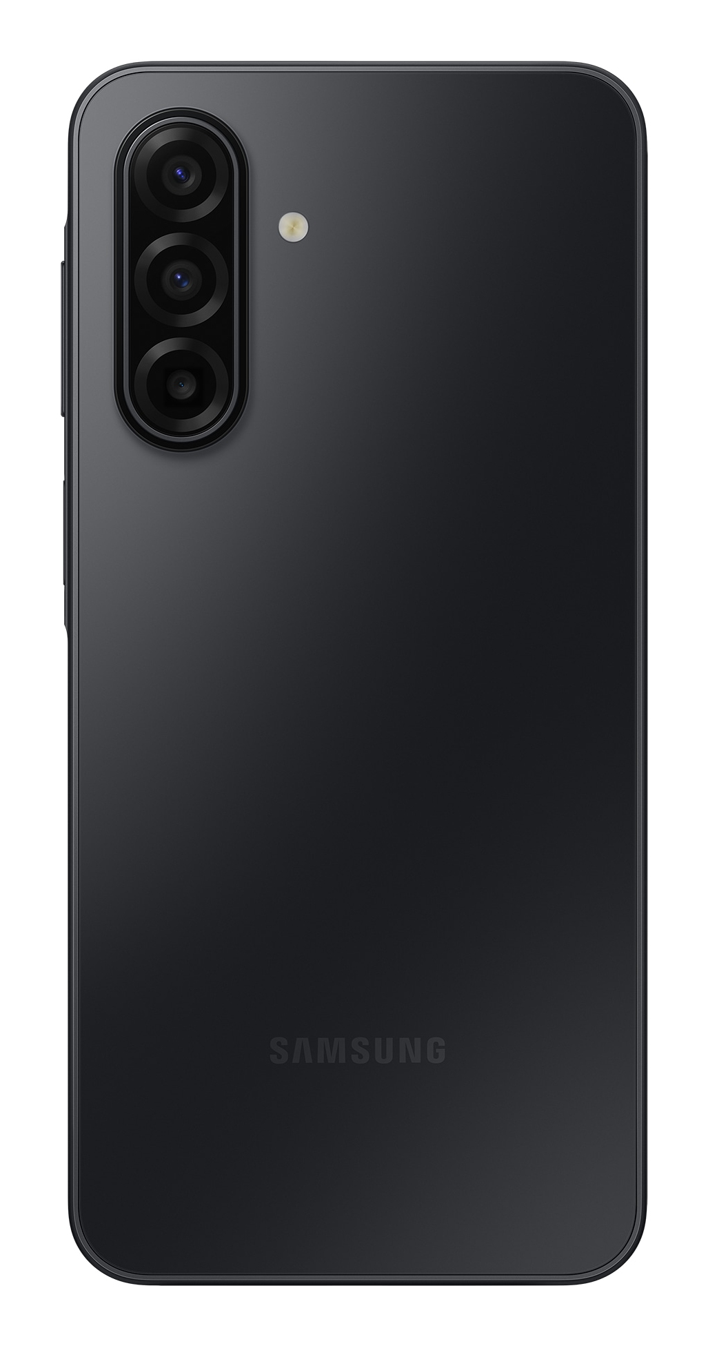 Retro di uno smartphone grigio scuro con tripla fotocamera verticale e flash, con il logo Samsung.