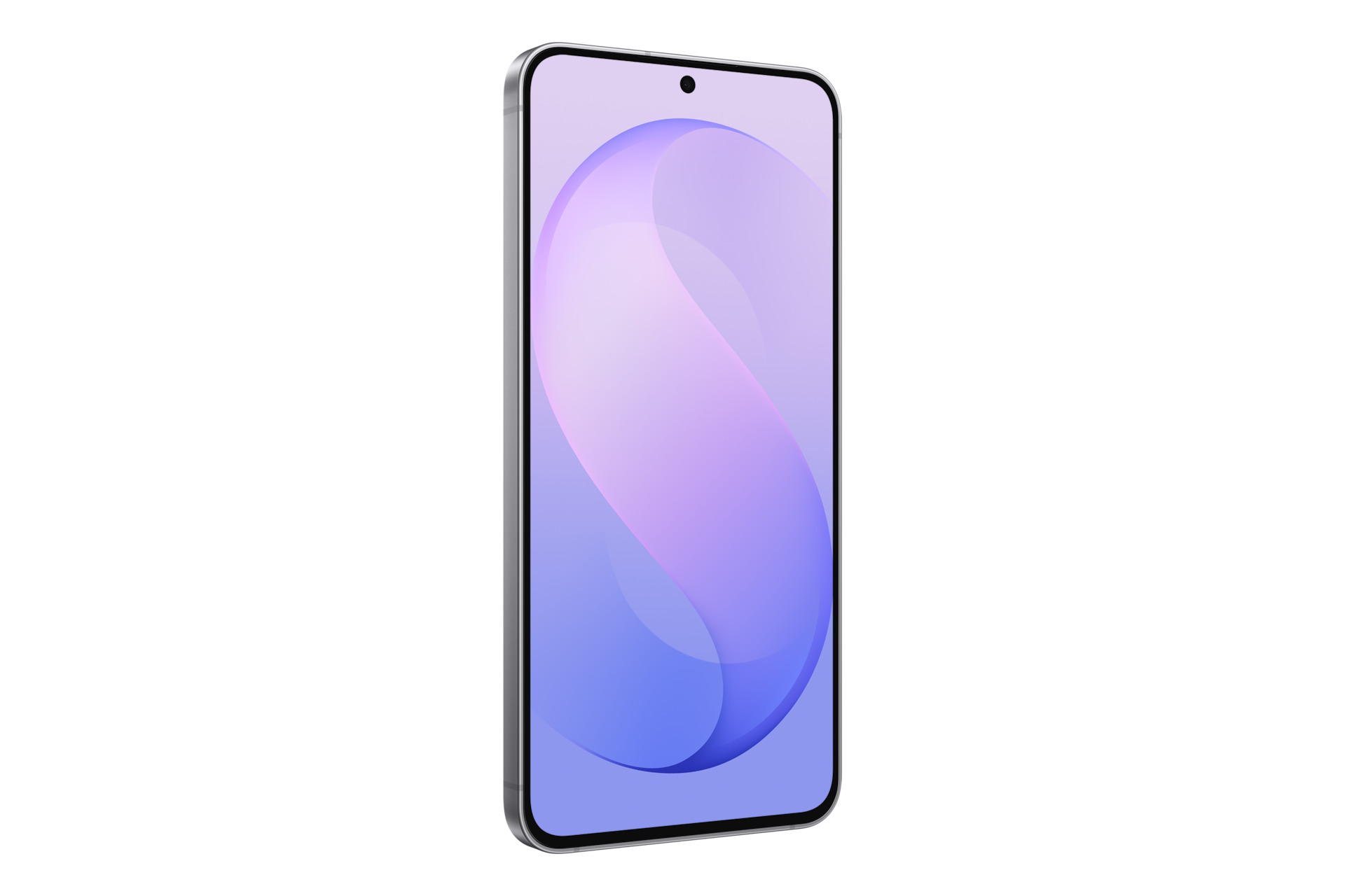 Smartfon z jasną, abstrakcyjną fioletowo-niebieską tapetą na ekranie.