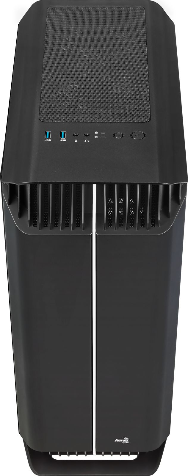 Vista superior de una caja de PC negra con puertos USB, rejillas de ventilación y botón de encendido.