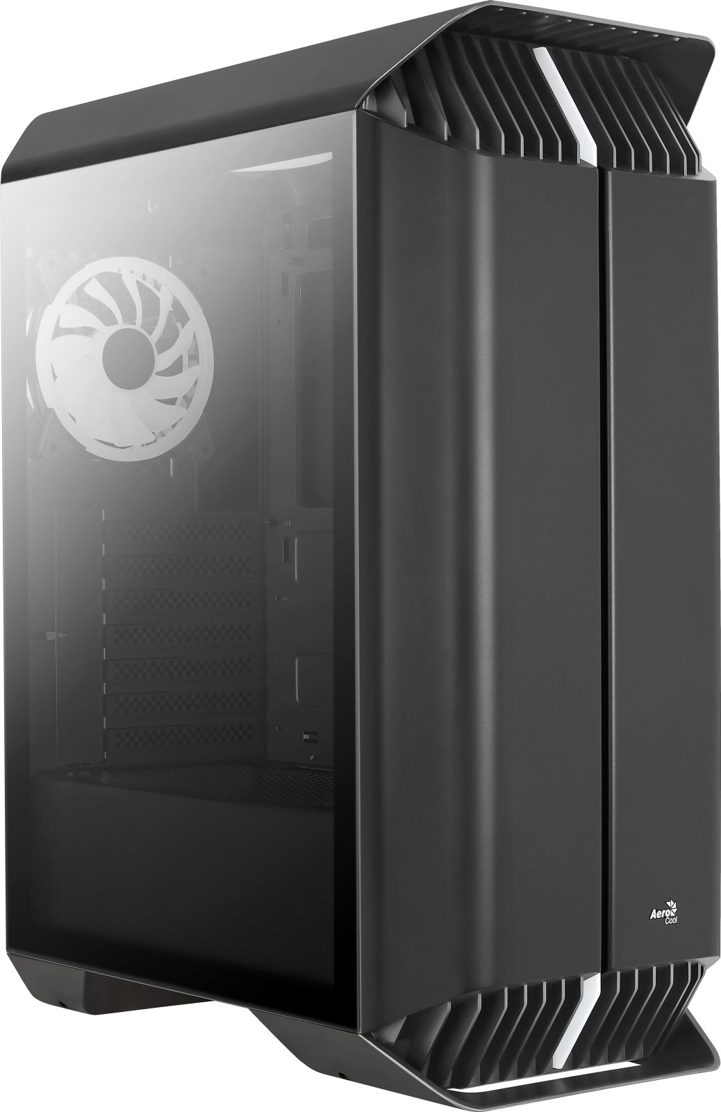 Una torre de ordenador negra con panel lateral de cristal y ventilador blanco.
