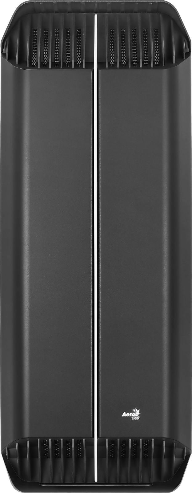 Vista frontal de una torre de PC negra con una tira LED blanca vertical y el logo de AeroCool abajo.