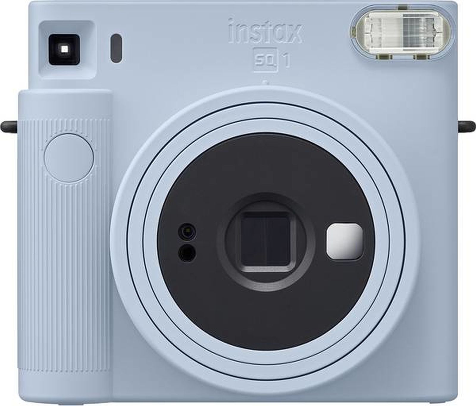 Fotocamera istantanea Instax SQ1 azzurra con un grande obiettivo circolare e flash integrato.