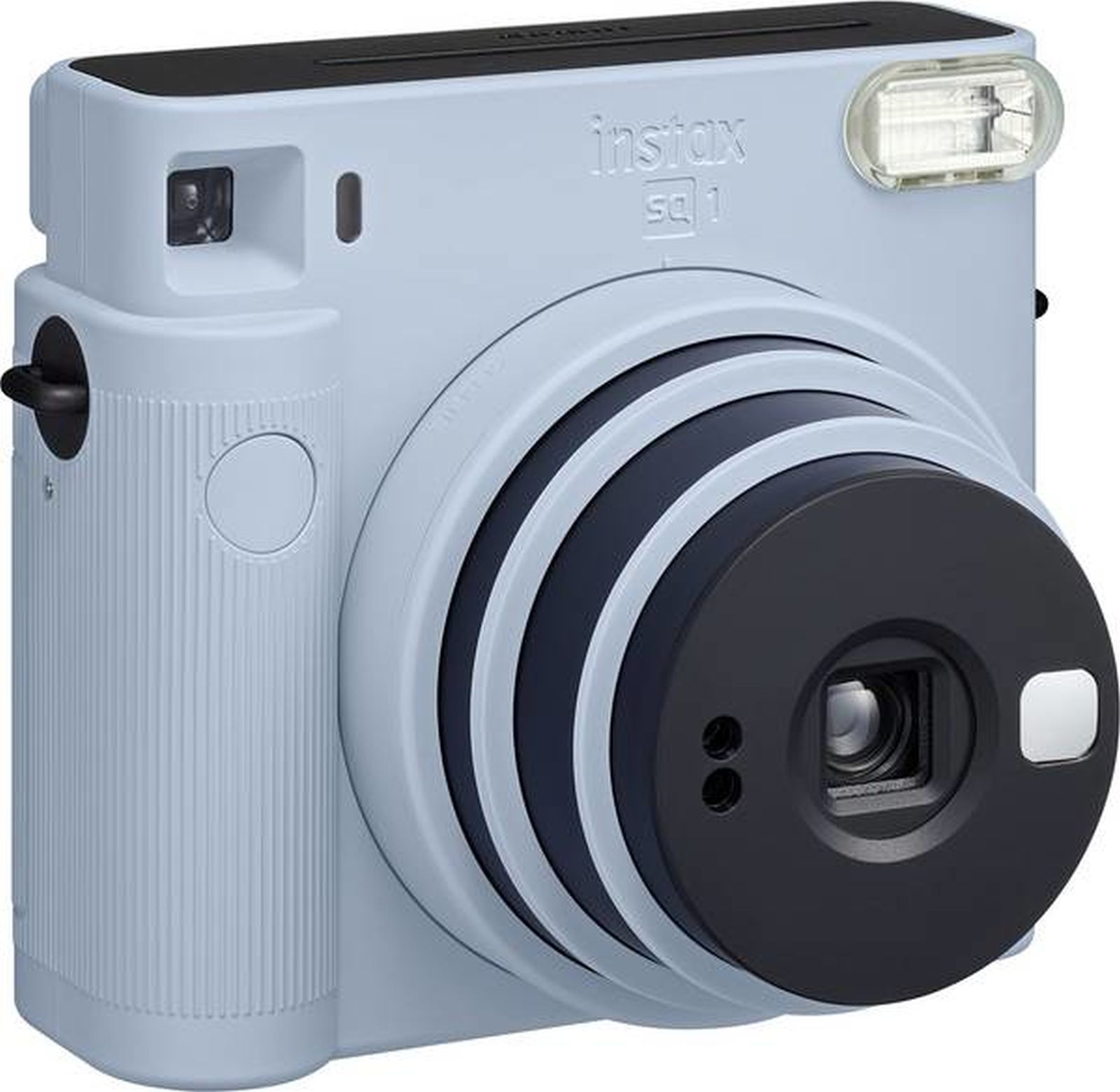 Una fotocamera istantanea Instax SQ1 azzurra con obiettivo grande e flash integrato.