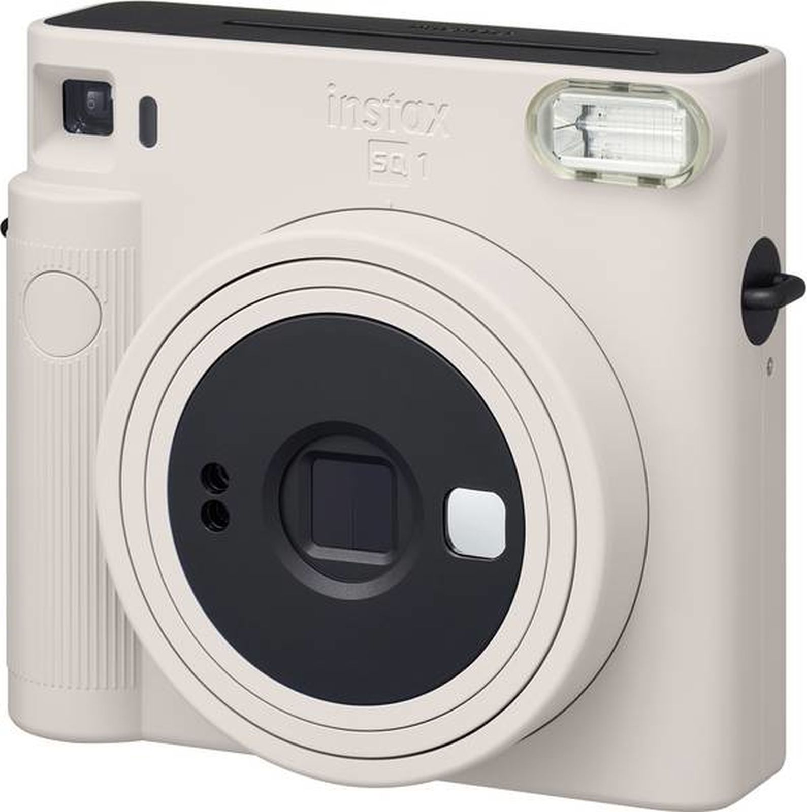 Una cámara instantánea Fujifilm Instax Square SQ1 de color beige sobre fondo blanco.