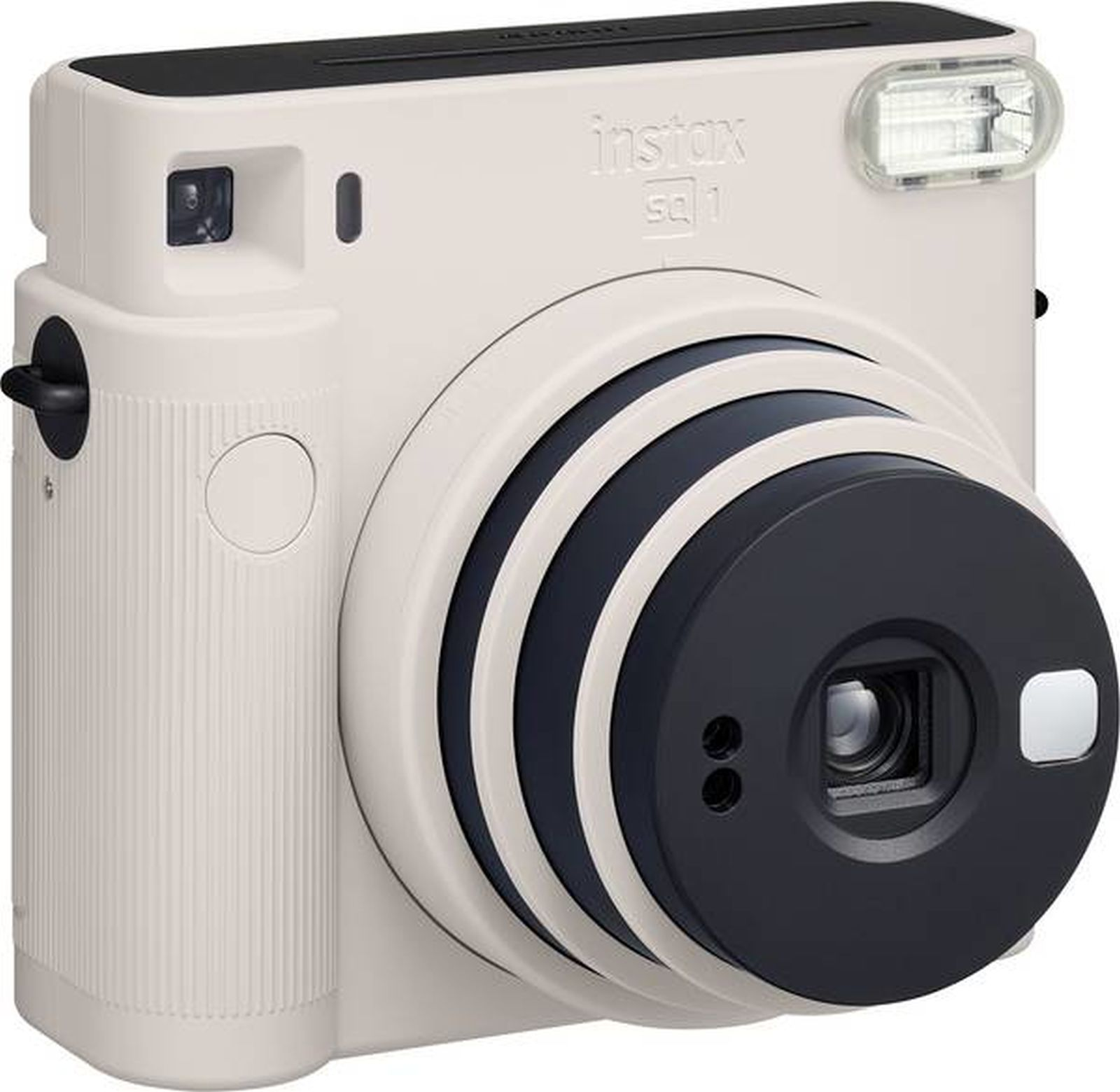 Una cámara instantánea Fujifilm Instax Square SQ1 de color crema con un gran objetivo negro.