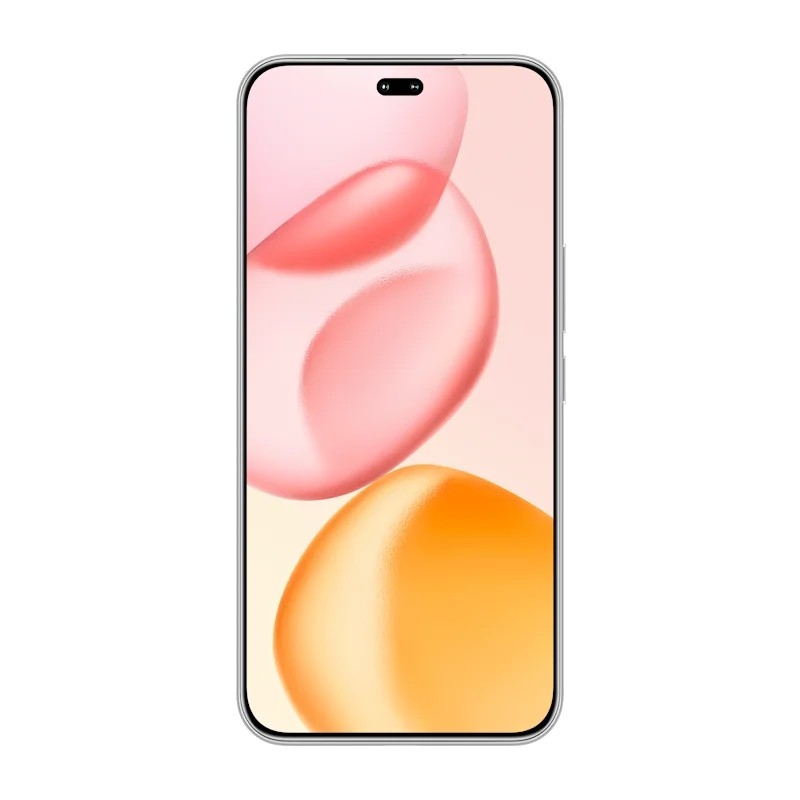 Un smartphone con esquinas redondeadas muestra una pantalla con formas abstractas y suaves rojas y anaranjadas.