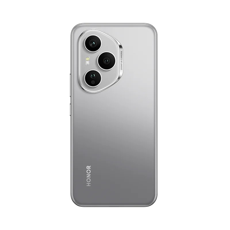Parte trasera de un smartphone Honor plateado con módulo de triple cámara y logotipo.