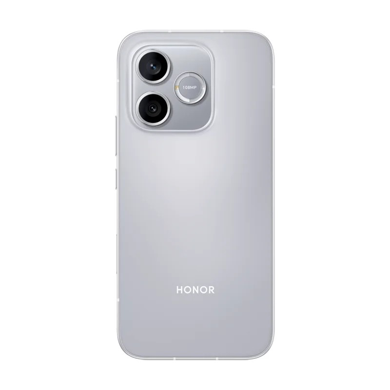 Ezüst színű Honor okostelefon hátlapja két kameralencsével és egy 108 megapixeles vaku modullal.
