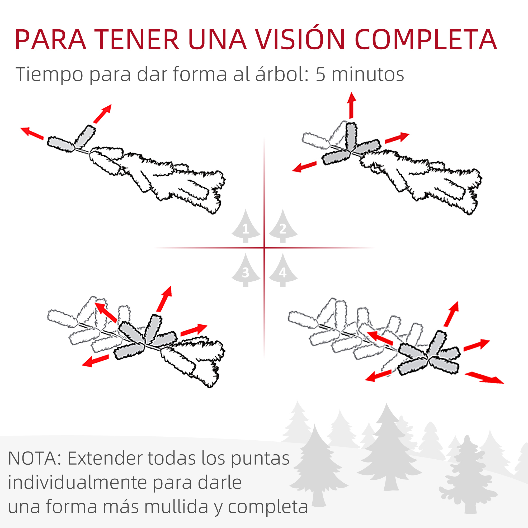 Diagrama de instrucciones en cuatro pasos que muestra cómo separar y dar forma a las ramas de un árbol artificial.