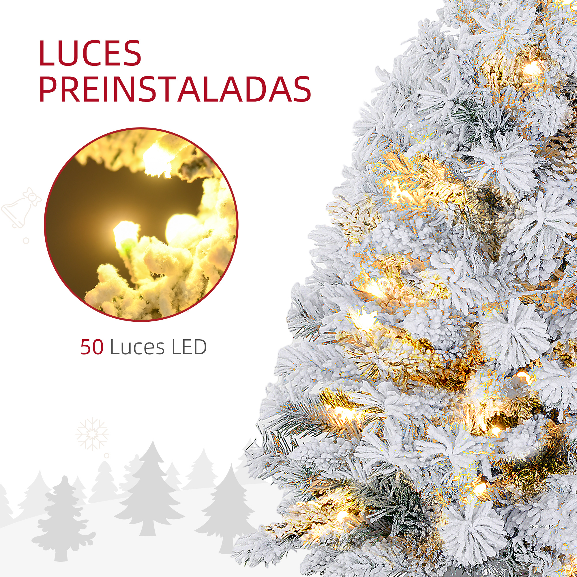 Árbol de Navidad nevado con 50 luces LED preinstaladas, primer plano de iluminación cálida.