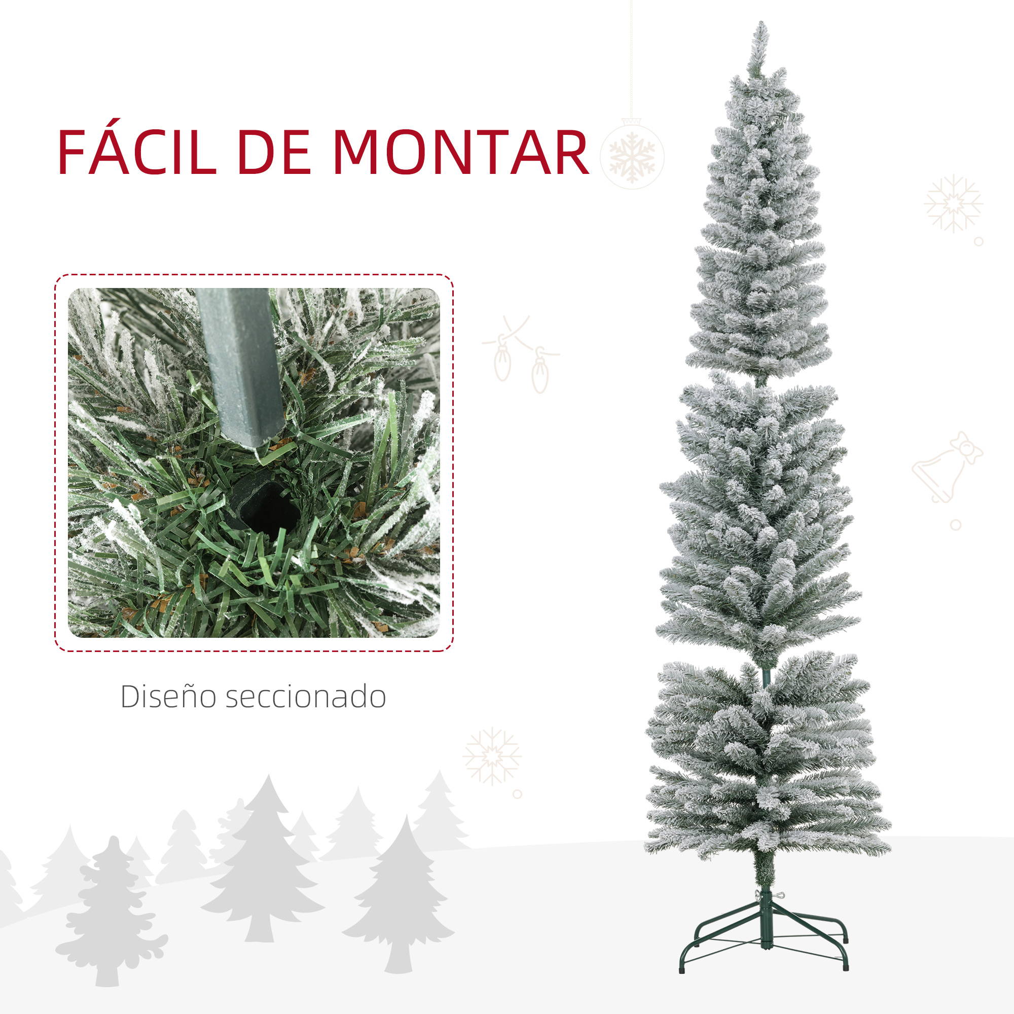 Un árbol de Navidad artificial flocado de nieve con diseño seccionado, soporte metálico y texto en español.