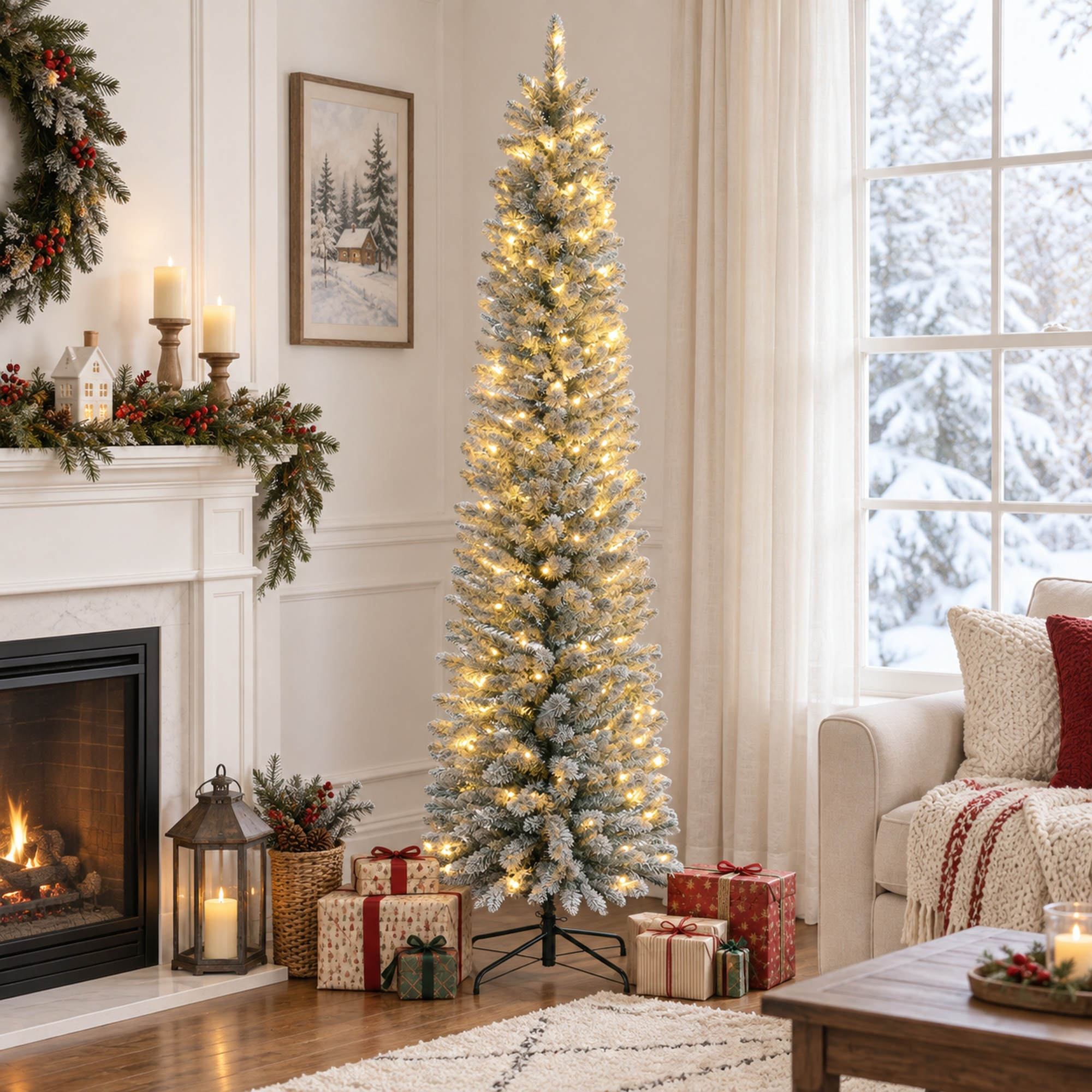 Un árbol de Navidad delgado y nevado con luces se encuentra en una sala acogedora con chimenea.