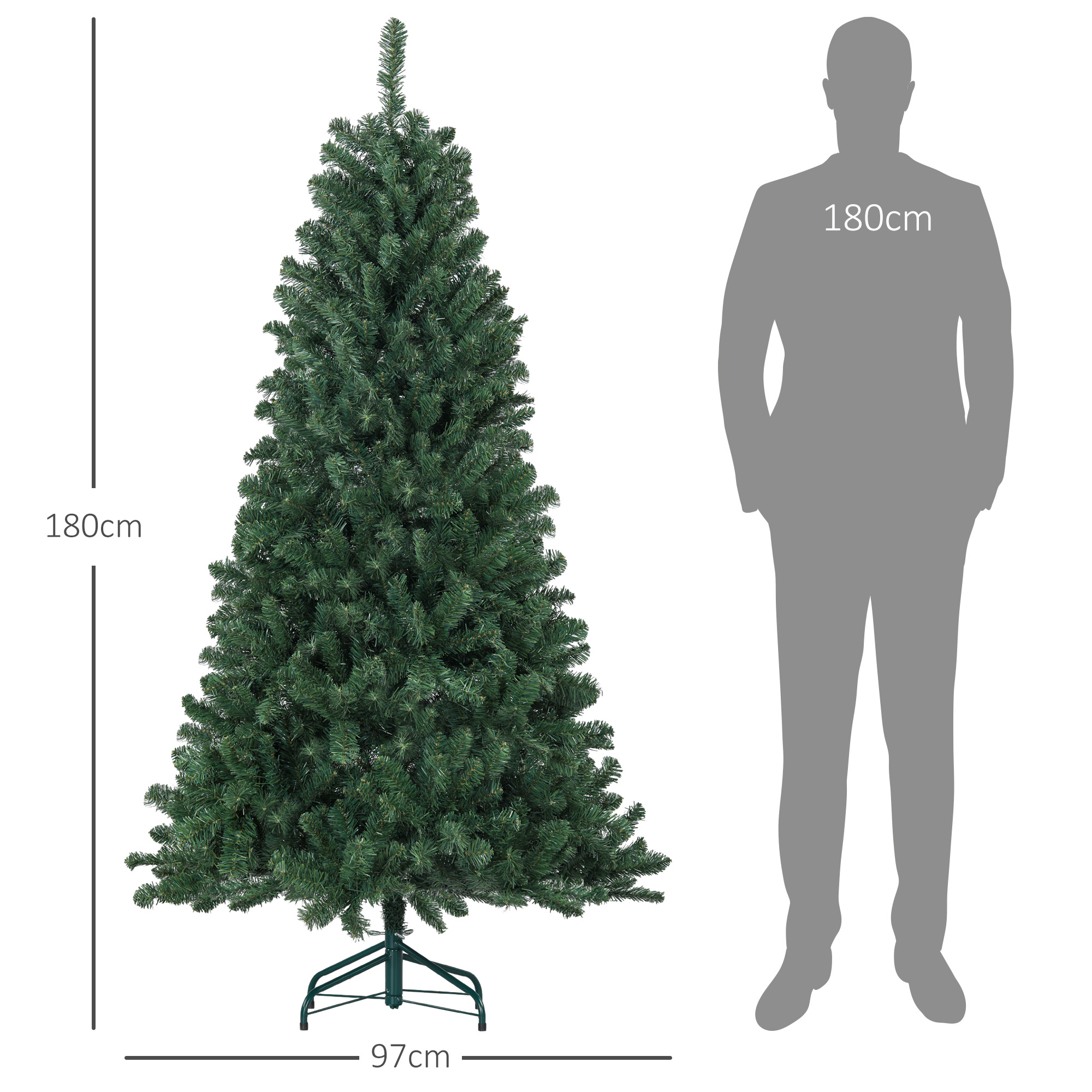 Un árbol de Navidad artificial verde de 180 cm de altura junto a una silueta humana.