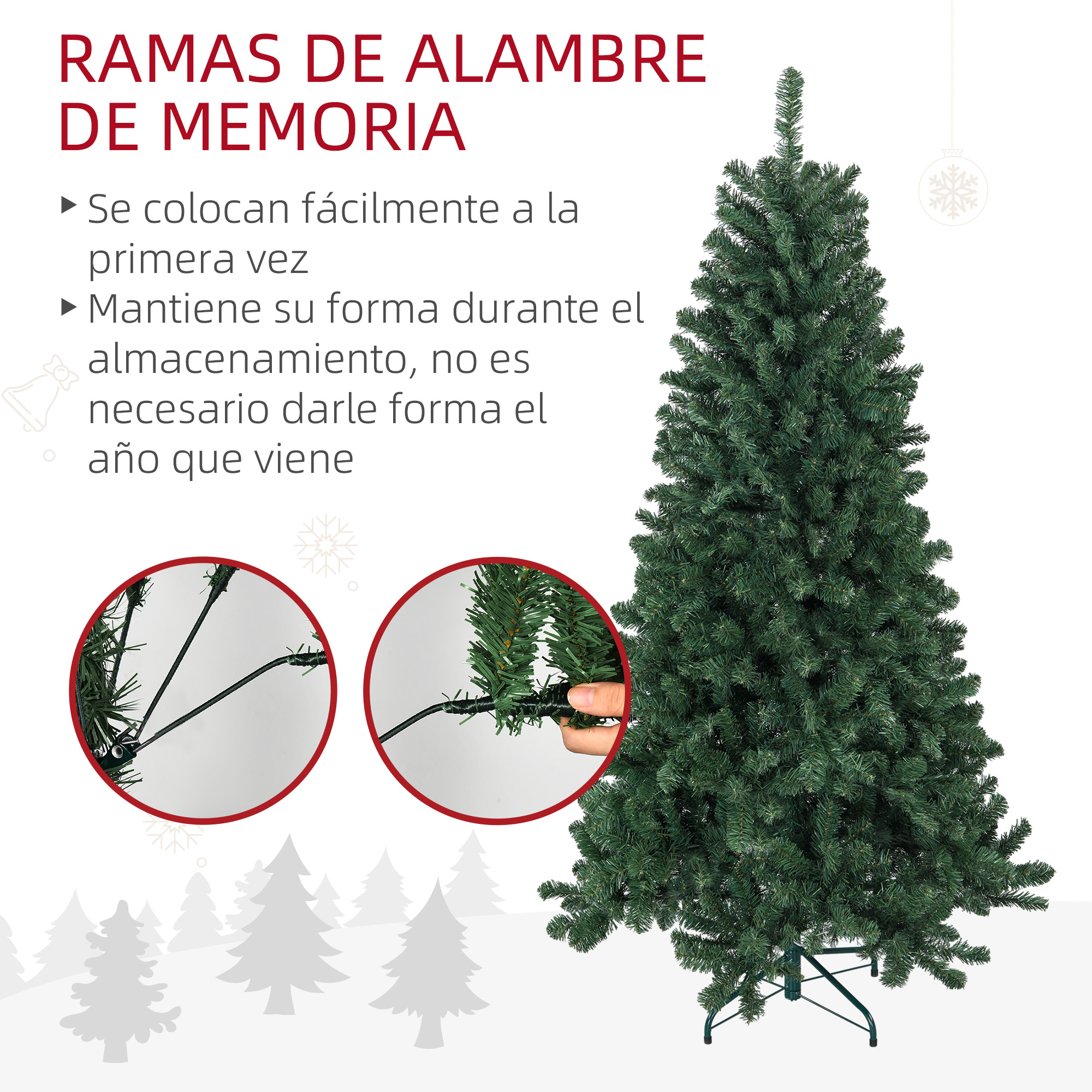 Árbol de navidad artificial con dos círculos de detalle mostrando ramas flexibles y texto en español.