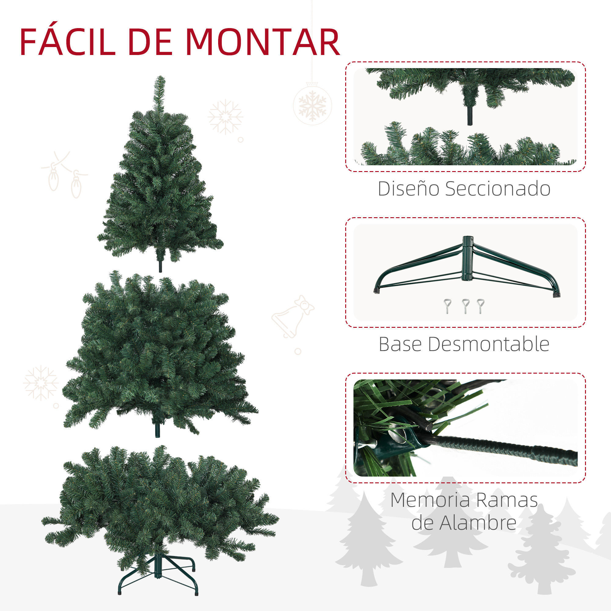 Infografía instructiva que muestra el fácil montaje de un árbol de Navidad artificial con secciones, base y ramas.