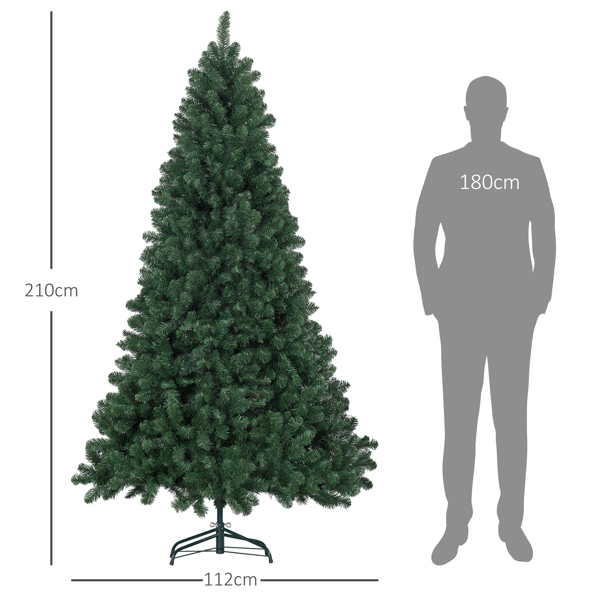 Un árbol de Navidad artificial verde de 210 cm de alto y 112 cm de ancho, junto a una silueta humana de 180 cm.