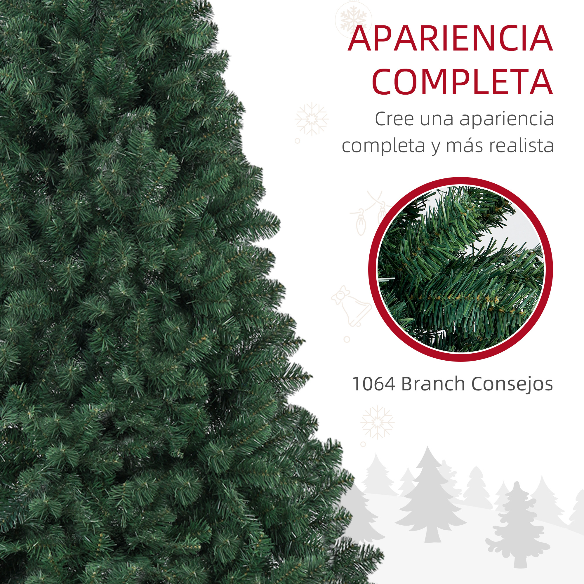 Árbol de navidad artificial completo con texto y círculo de detalle de ramas.