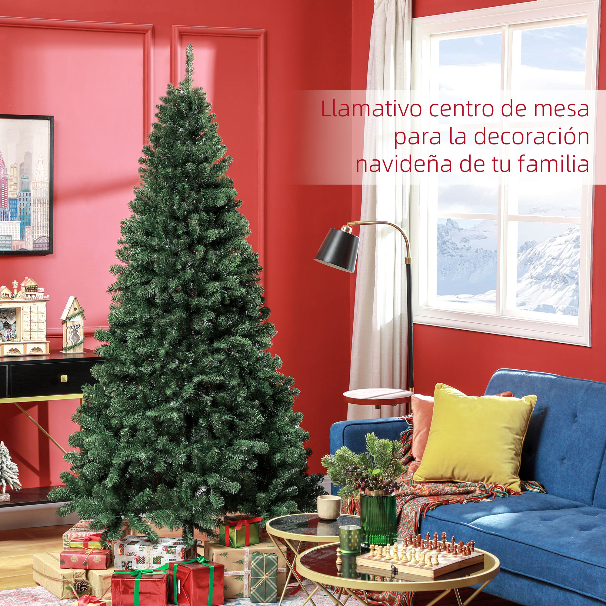 Una sala decorada con un árbol de navidad, un sofá azul y texto en español.
