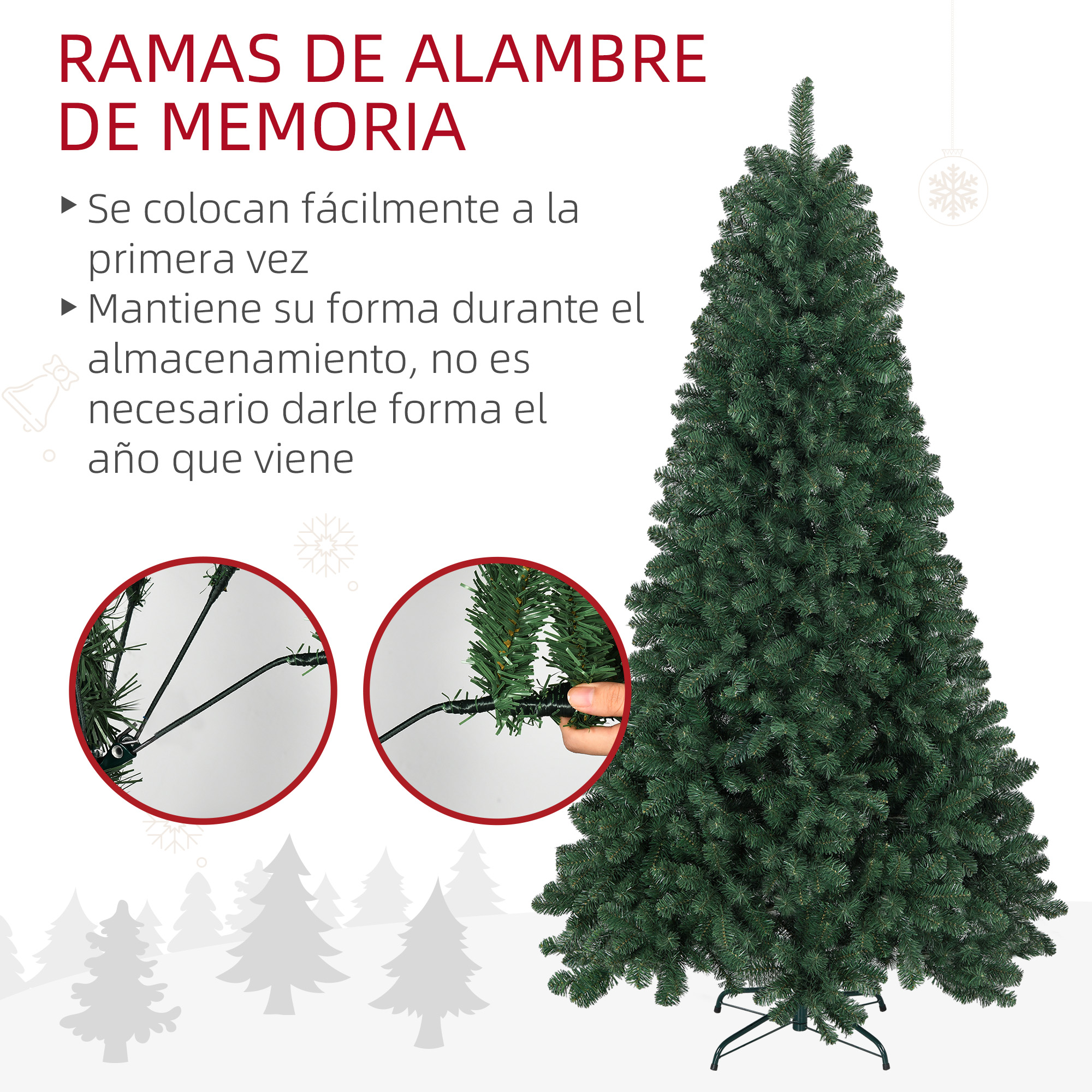 Un árbol de Navidad artificial verde con dos círculos de detalle que muestran ramas de alambre de memoria y texto.