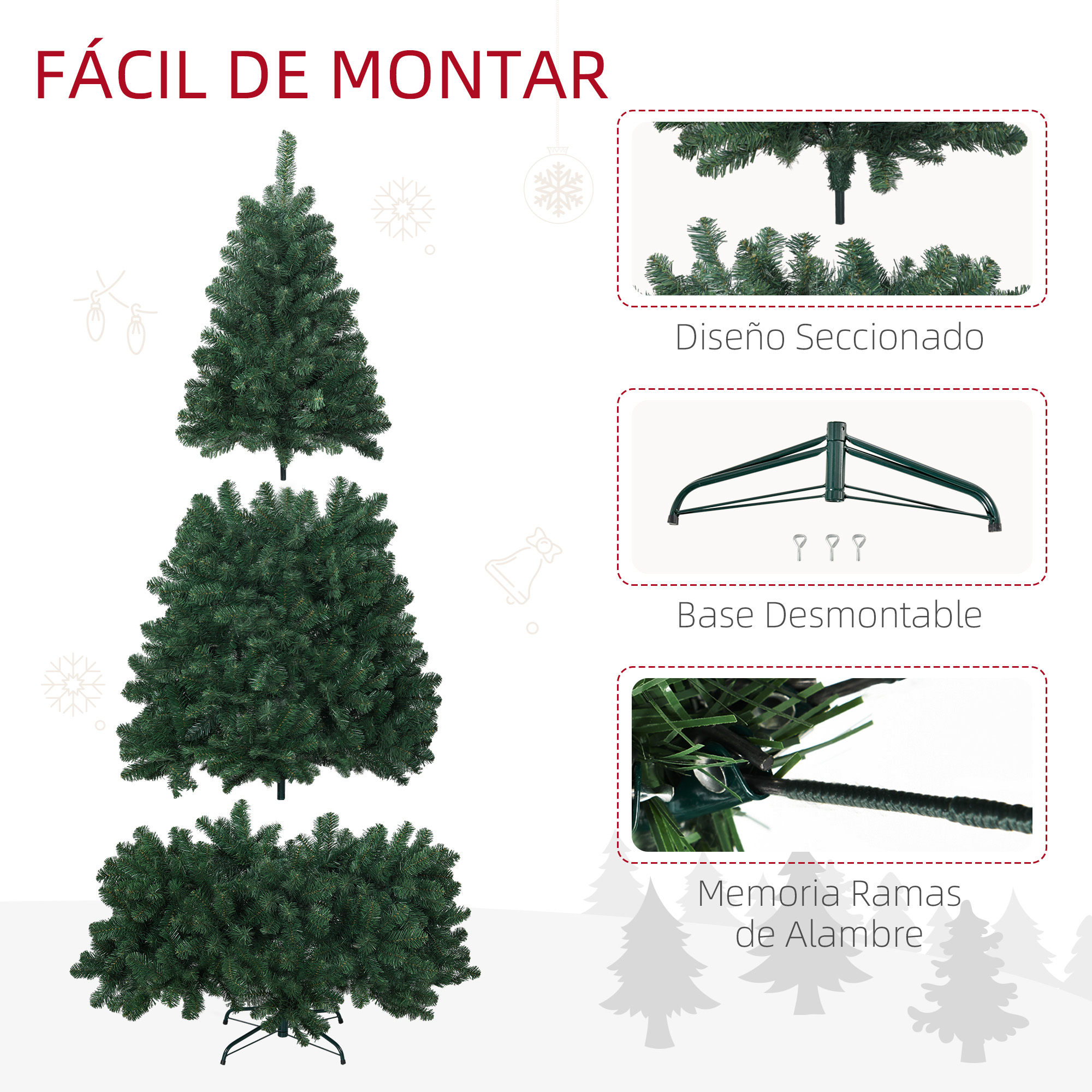 Un árbol de Navidad artificial en tres secciones con base desmontable y ramas de alambre.