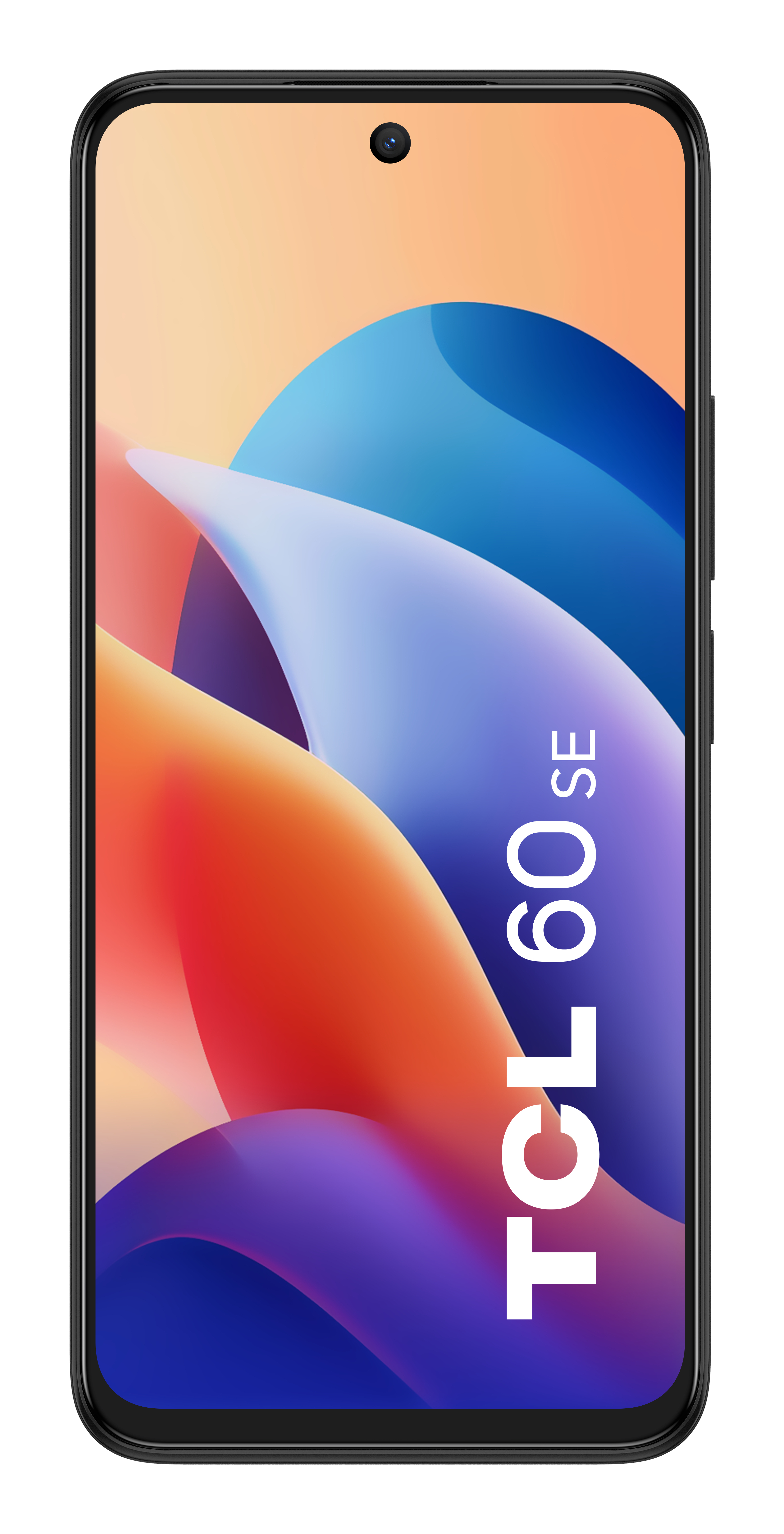 Vorderansicht eines TCL 60 SE Smartphones mit buntem abstrakten Hintergrundbild.