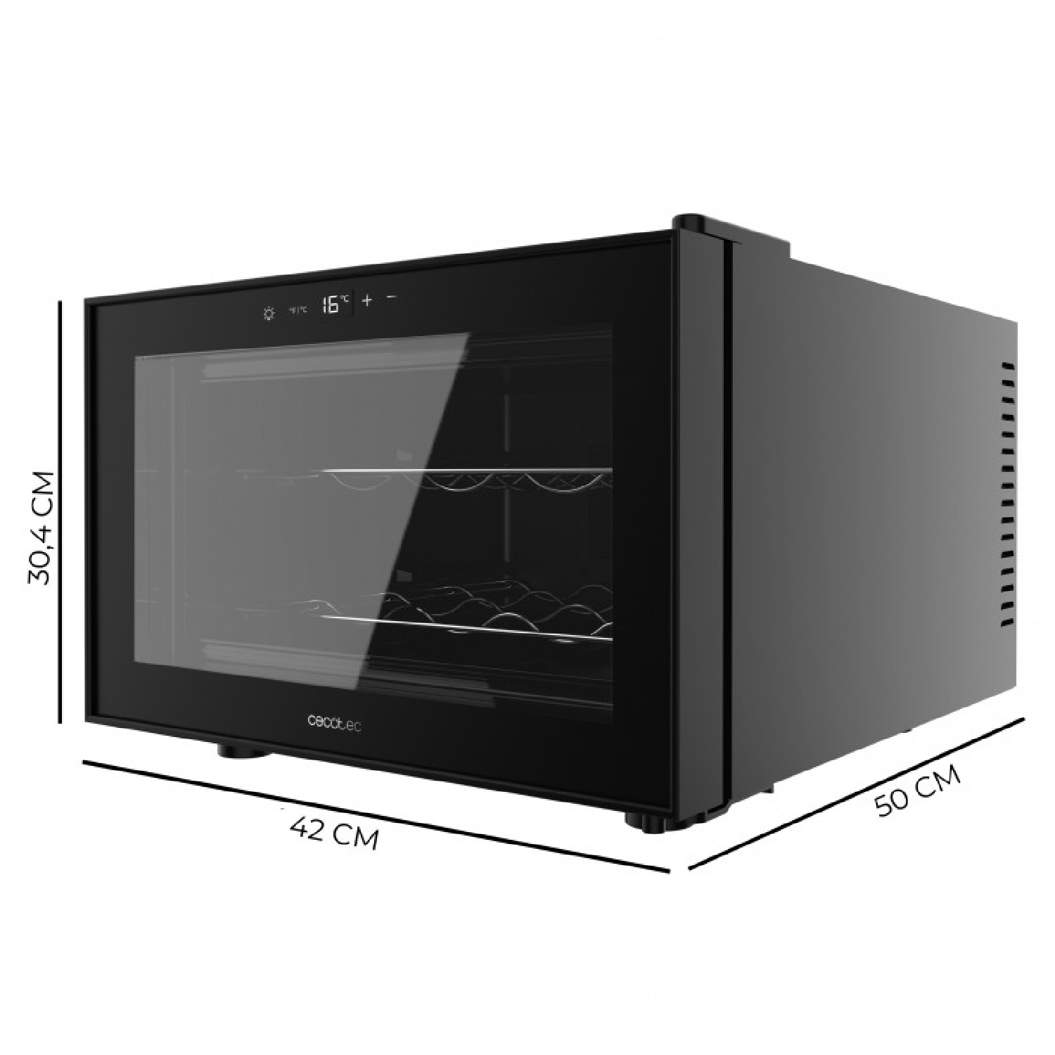 Una vinoteca compacta negra con puerta de cristal, pantalla digital y dimensiones de 30,4x42x50 cm.