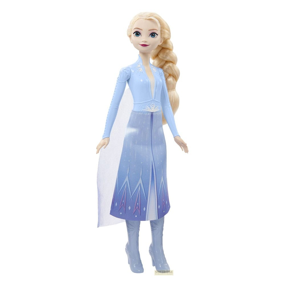 Bambola di Elsa con una lunga treccia bionda, abito azzurro e stivali abbinati su sfondo bianco.