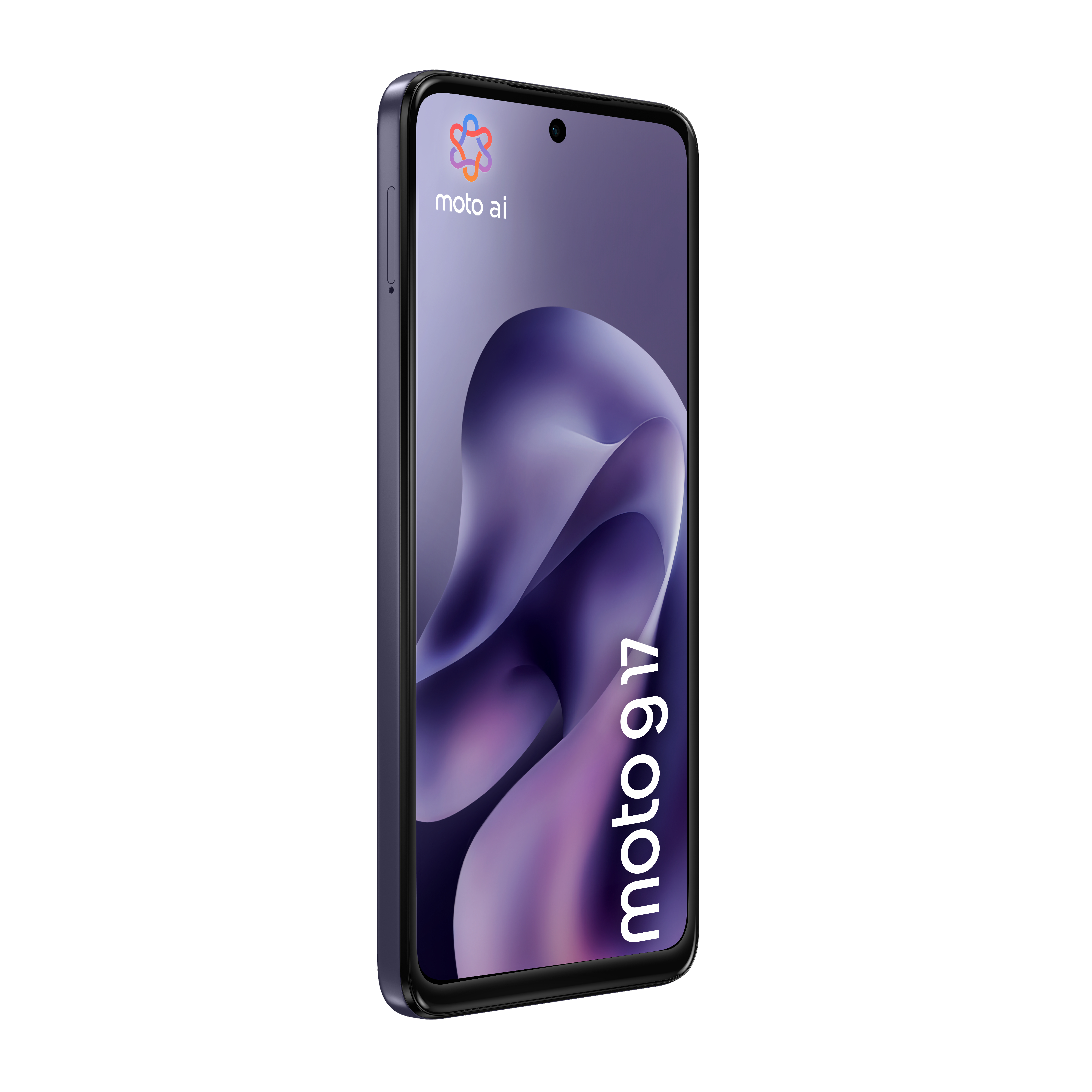 Un smartphone moto g17 morado se encuentra en posición vertical sobre un fondo blanco, con un fondo de pantalla abstracto.