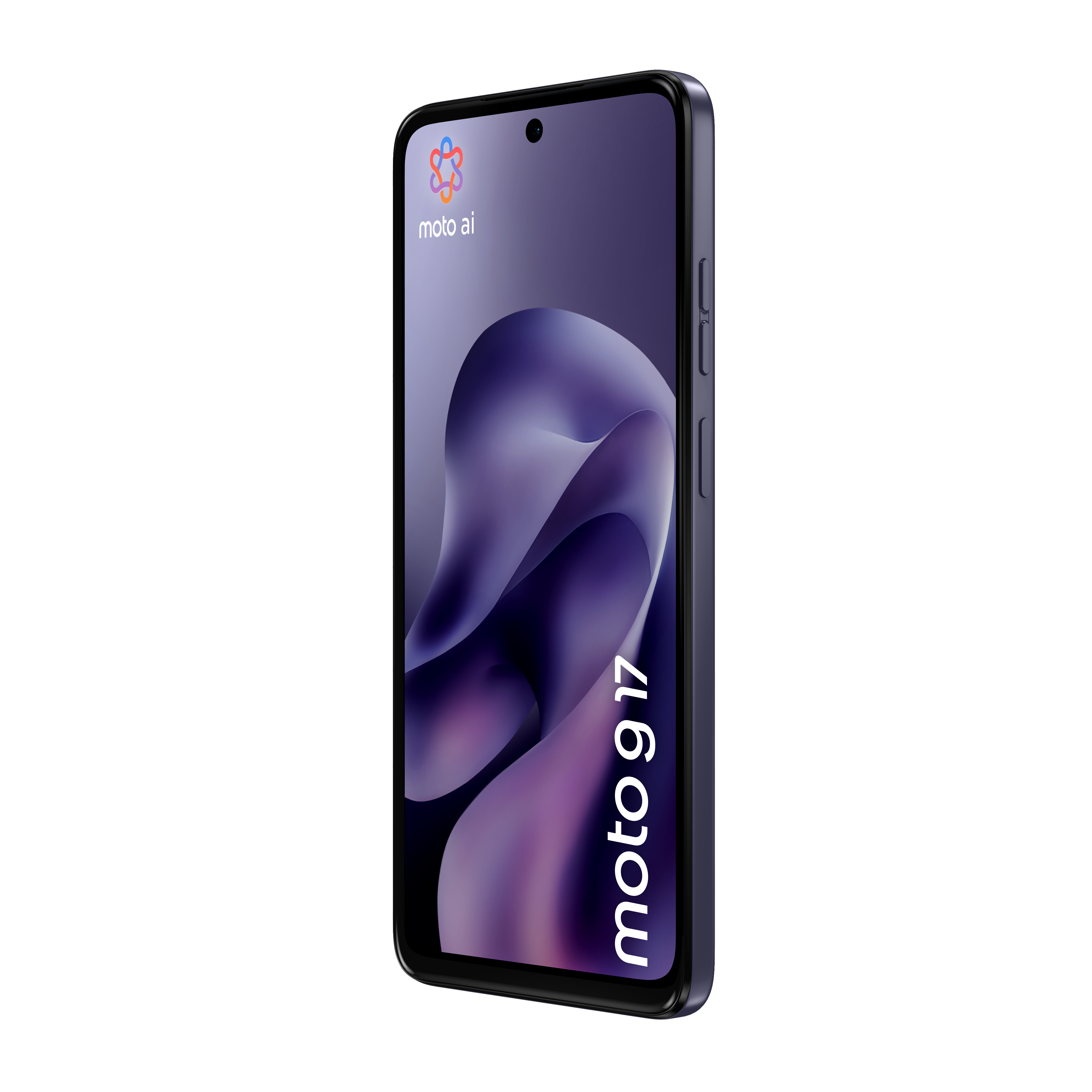 Un smartphone Motorola Moto g17 azul con fondo violeta abstracto y texto "moto g17" en la pantalla.